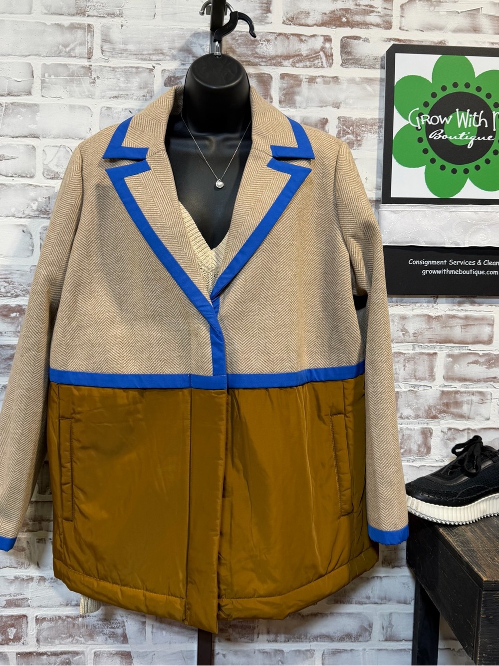 Peace Love World Tan & Mustard Coat with Blue Trim